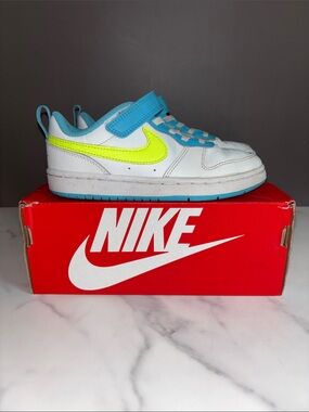 Nike Kids White Sneakers with Neon Yellow Swoosh & Light Blue Trim